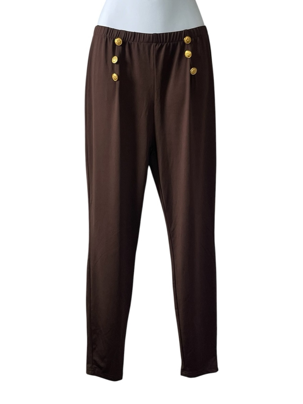 Stretch Leggings Gold Button High Rise Pull On Pants Quiet Luxury Minimal Chic - Picture 4 of 4